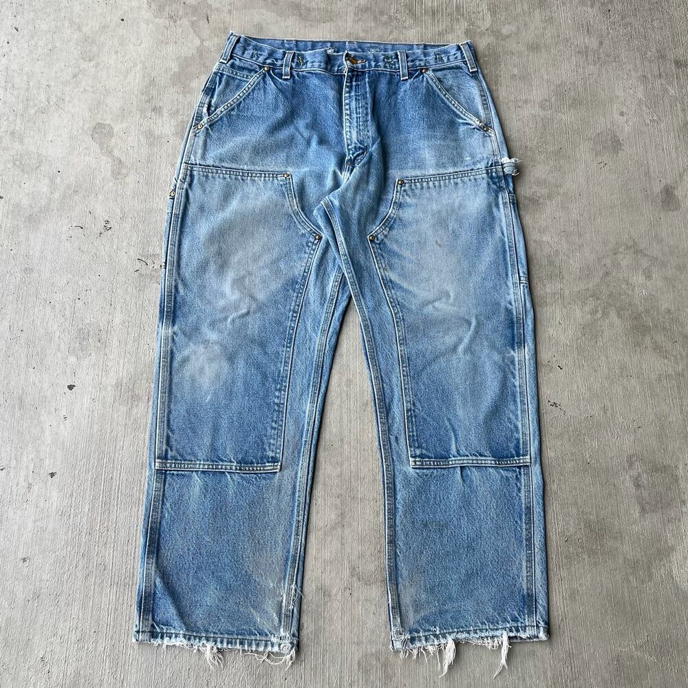 Carhartt faded denim blue jean double knee work wear carpenter pants